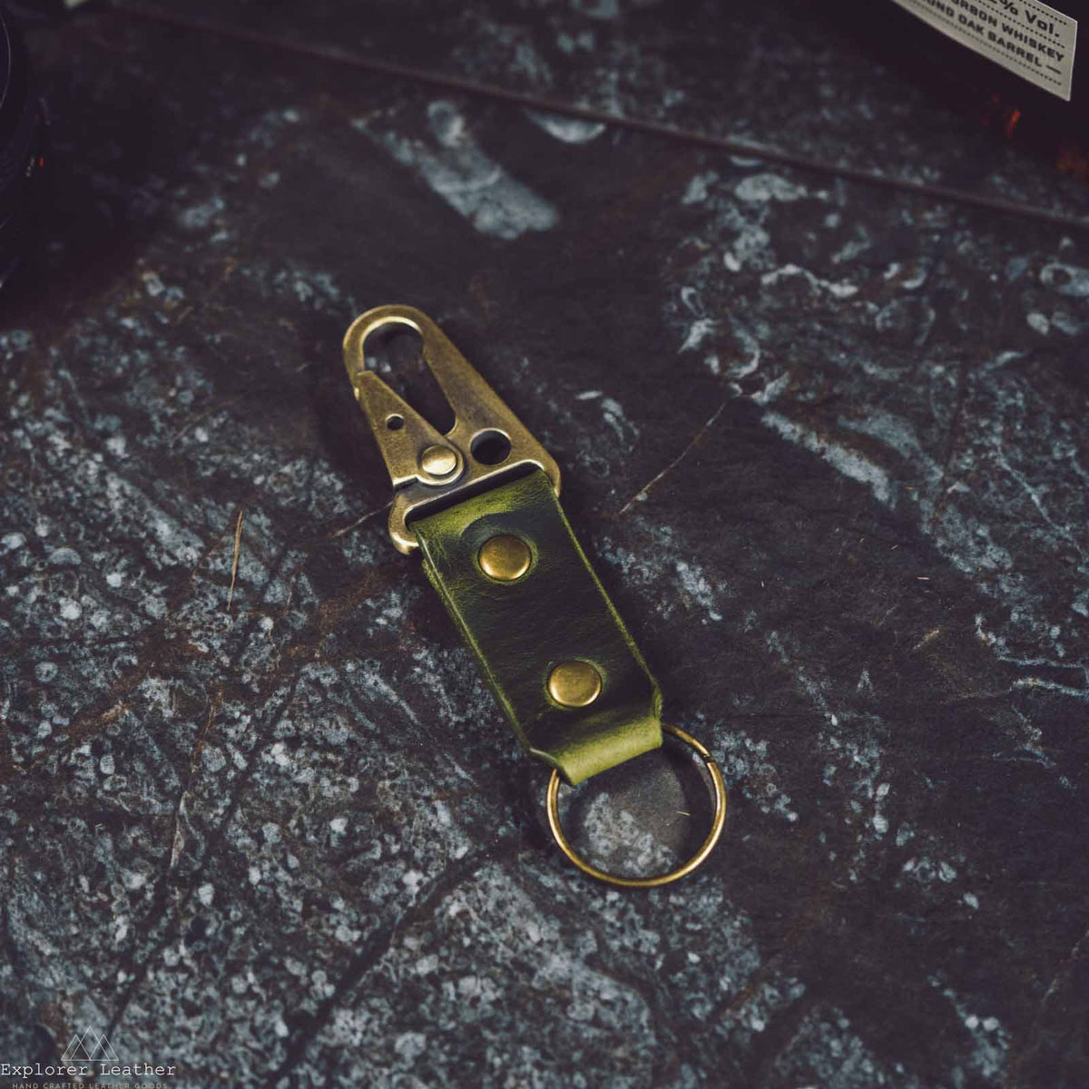Olive leather key ring with brass clip