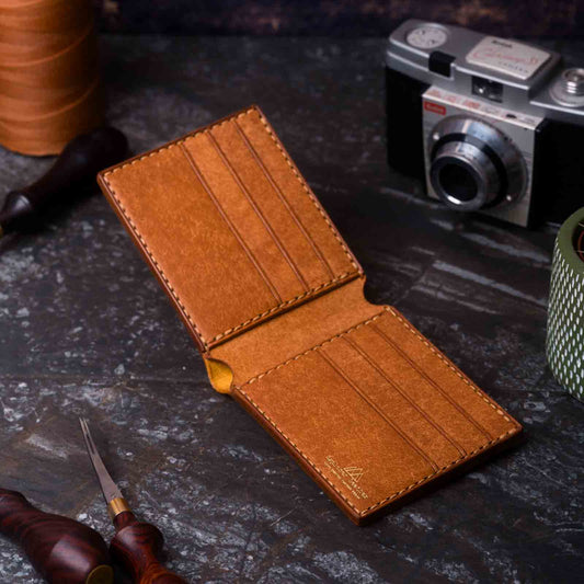 Handmade Italian mens leather wallet, cognac brown, wallet inside and open