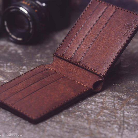Handmade Italian mens leather wallet, tobacco brown, wallet inside