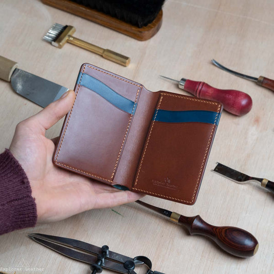Vertical Bi-Fold Wallet - Italian Full Grain Leather - Navy Blue and Cognac Tan
