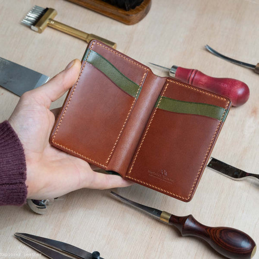 Vertical Bi-Fold Wallet - Italian Full Grain Leather - Olive Green and Cognac Tan