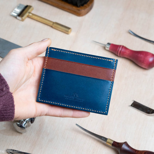 Five Pocket Card Holder - Navy Blue and Tan with Caramel Stitching - Walpier Buttero Leather