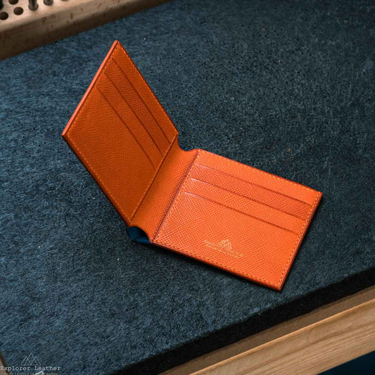 Classic Bi-Fold Wallet - Signature Collection - Italian Full Grain Leather - Navy Blue and Orange Hatch with Orange stitching