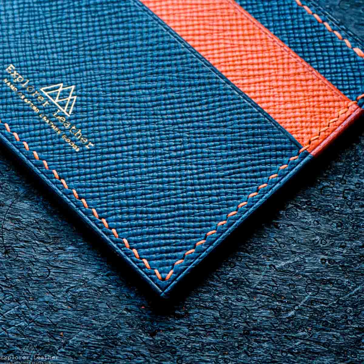 Five Pocket Card Holder - Navy Blue and Orange with Orange Stitching - Walpier Buttero Hatch Leather