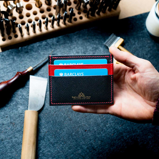 Five Pocket Card Holder - Black and Red with Red Stitching - Walpier Buttero Hatch Leather