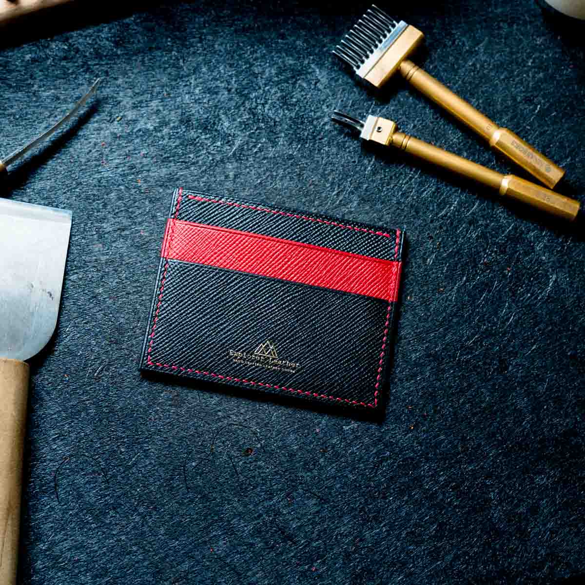 Five Pocket Card Holder - Black and Red with Red Stitching - Walpier Buttero Hatch Leather