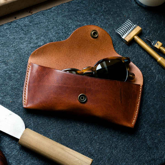 Brown leather glasses and sunglasses case handmade by Explorer Leather