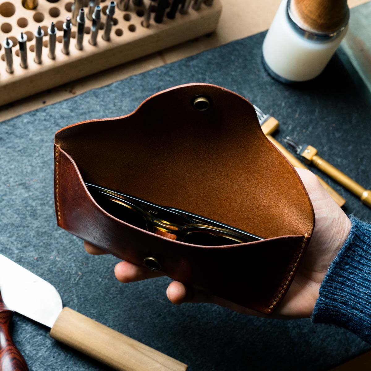 Brown leather glasses and sunglasses case handmade by Explorer Leather
