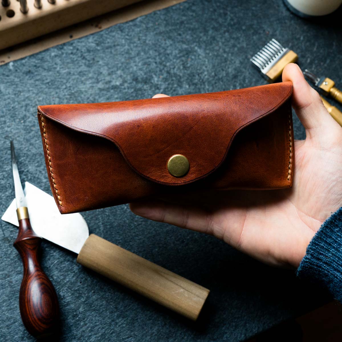 Brown leather glasses and sunglasses case handmade by Explorer Leather