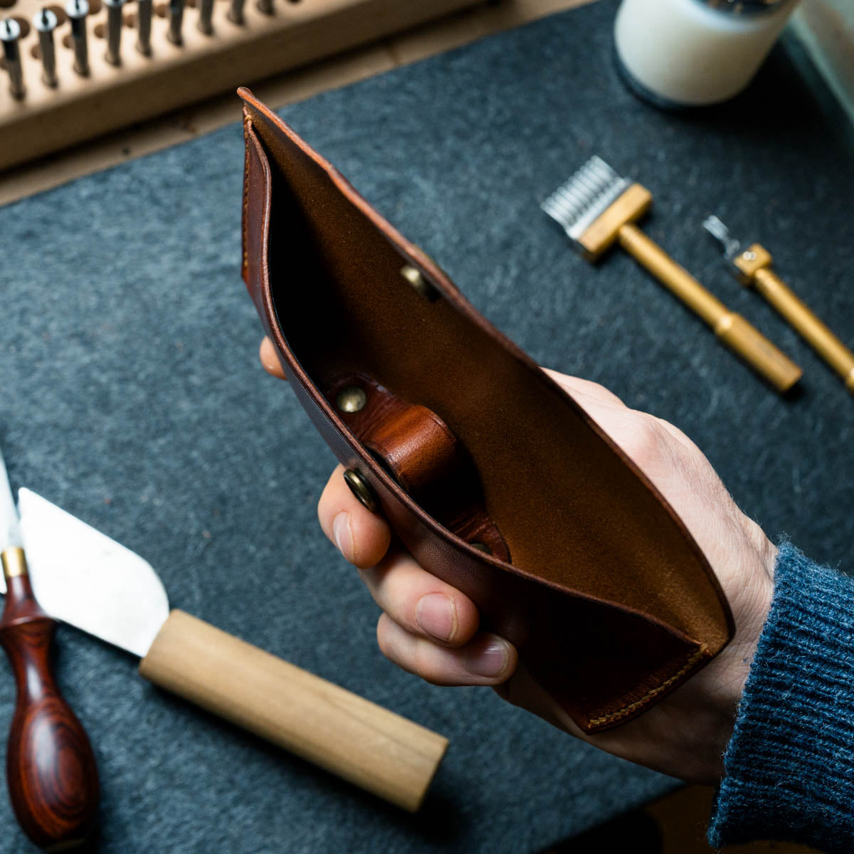 Brown leather glasses and sunglasses case handmade by Explorer Leather