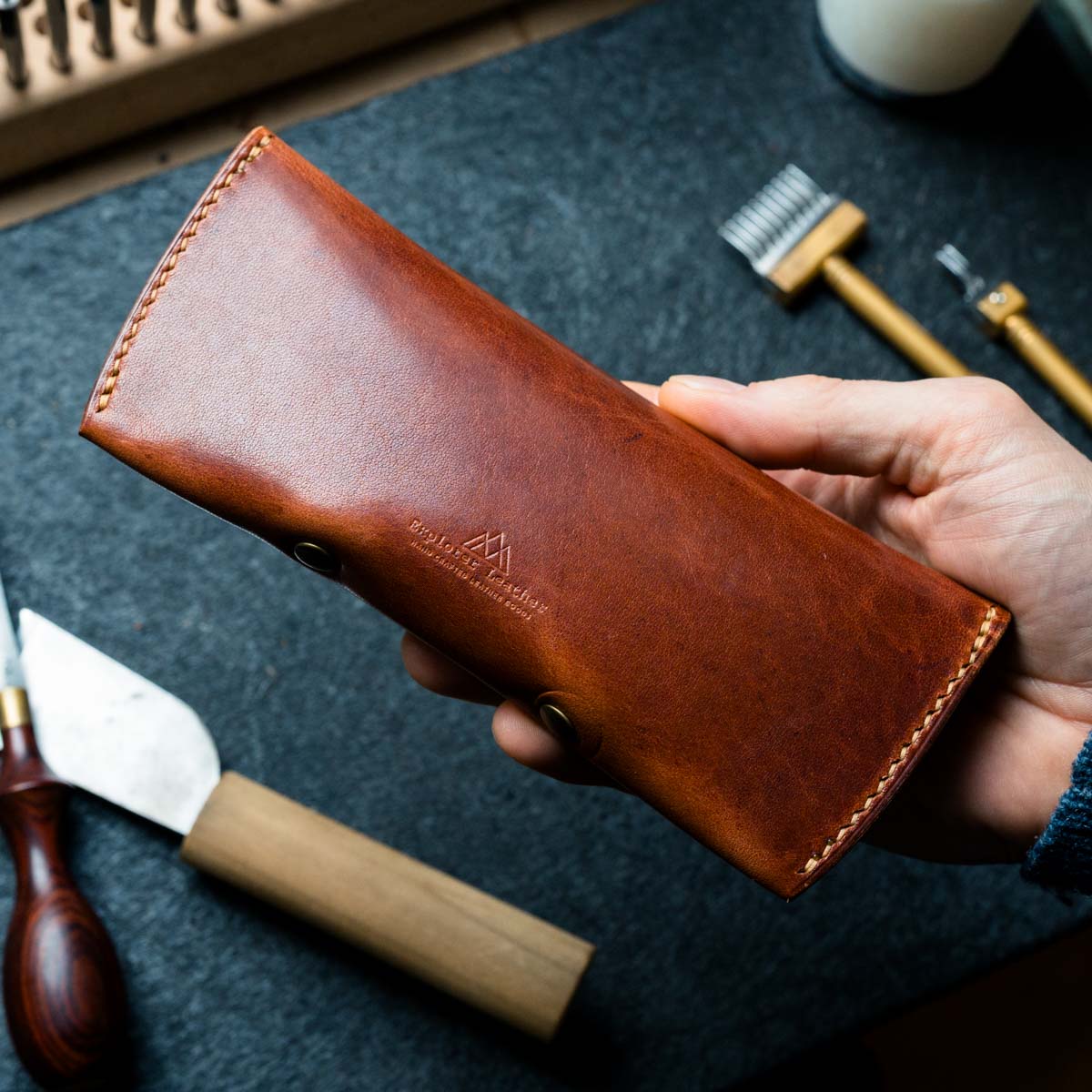 Brown leather glasses and sunglasses case handmade by Explorer Leather