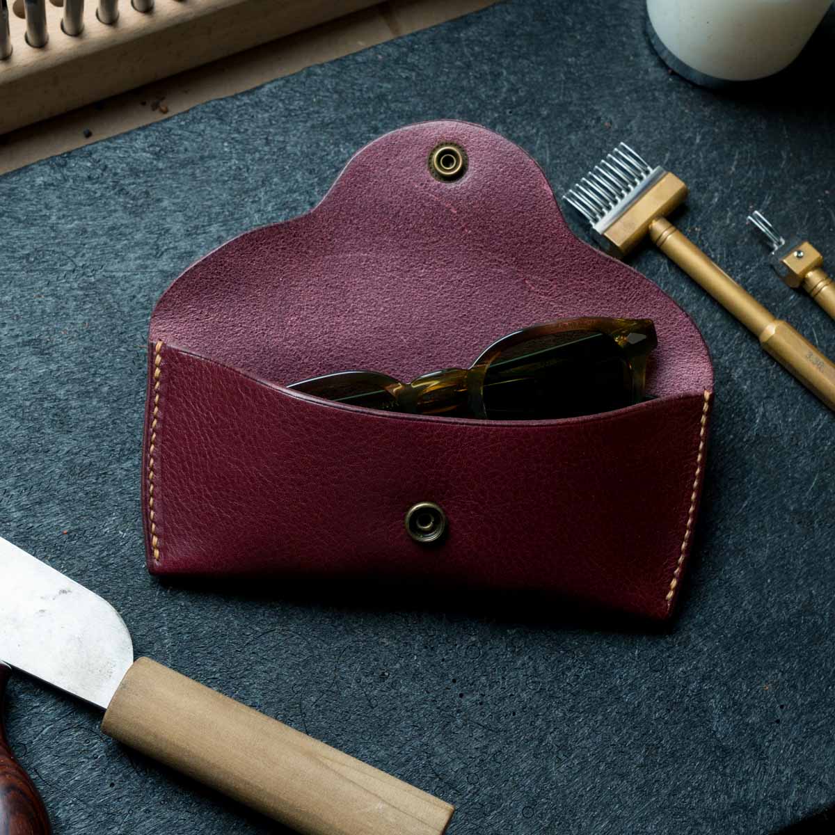 Burgundy leather glasses and sunglasses case handmade by Explorer Leather