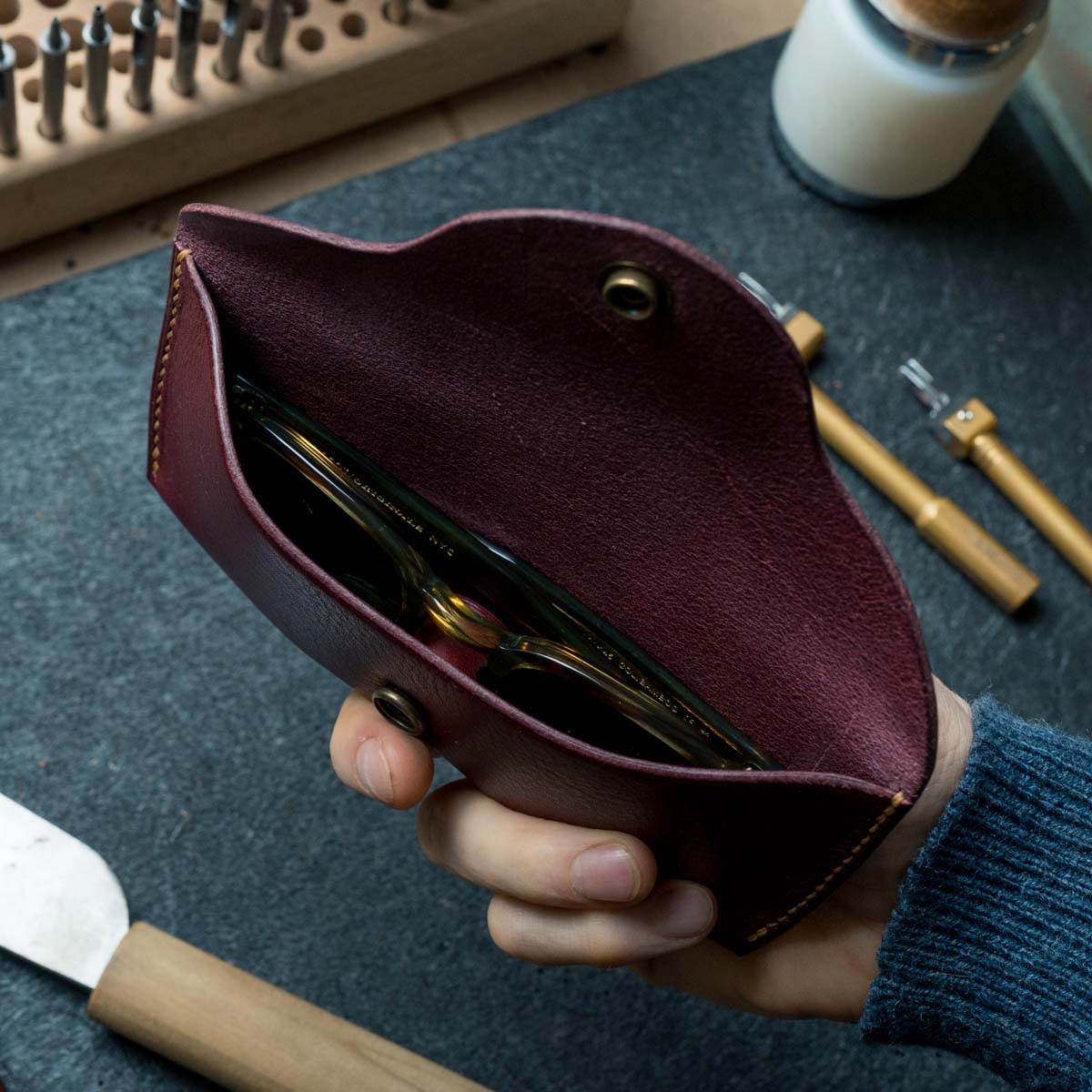Burgundy leather glasses and sunglasses case handmade by Explorer Leather