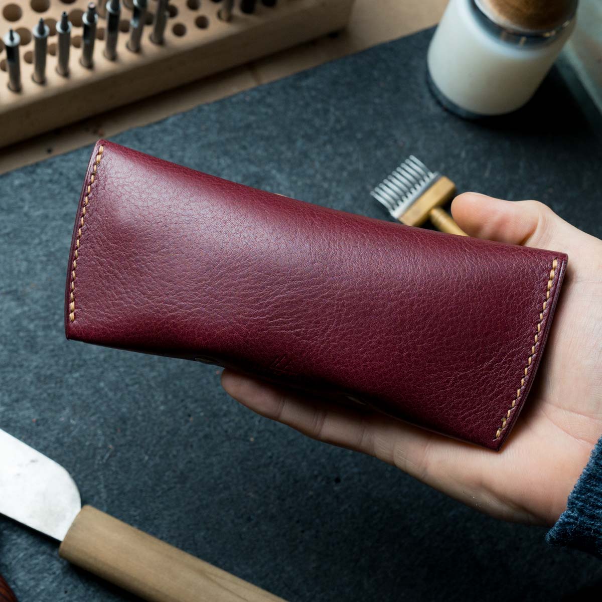 Burgundy leather glasses and sunglasses case handmade by Explorer Leather