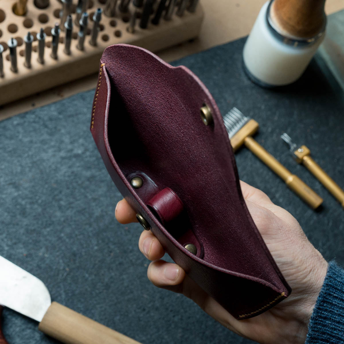 Burgundy leather glasses and sunglasses case handmade by Explorer Leather
