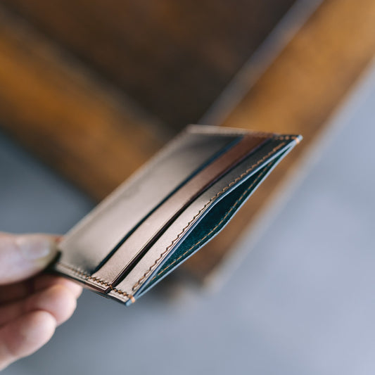 Close-up of a hand holding a leather wallet with a blurred background