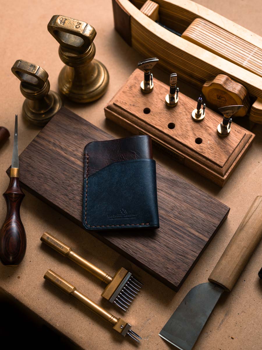 Front of three pocket leather card holder