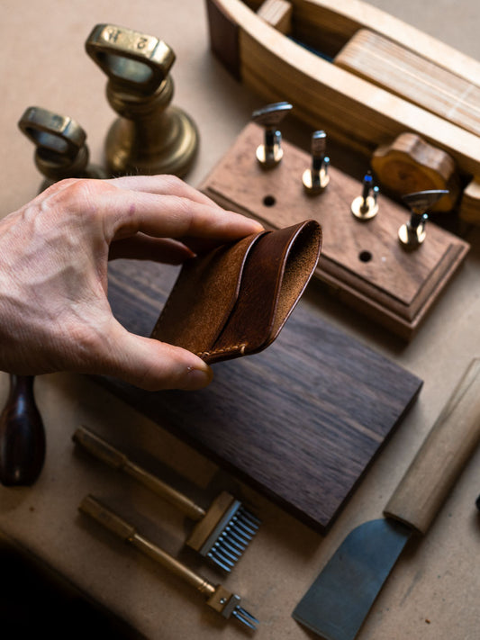 Three pocket Cognac card holder held open