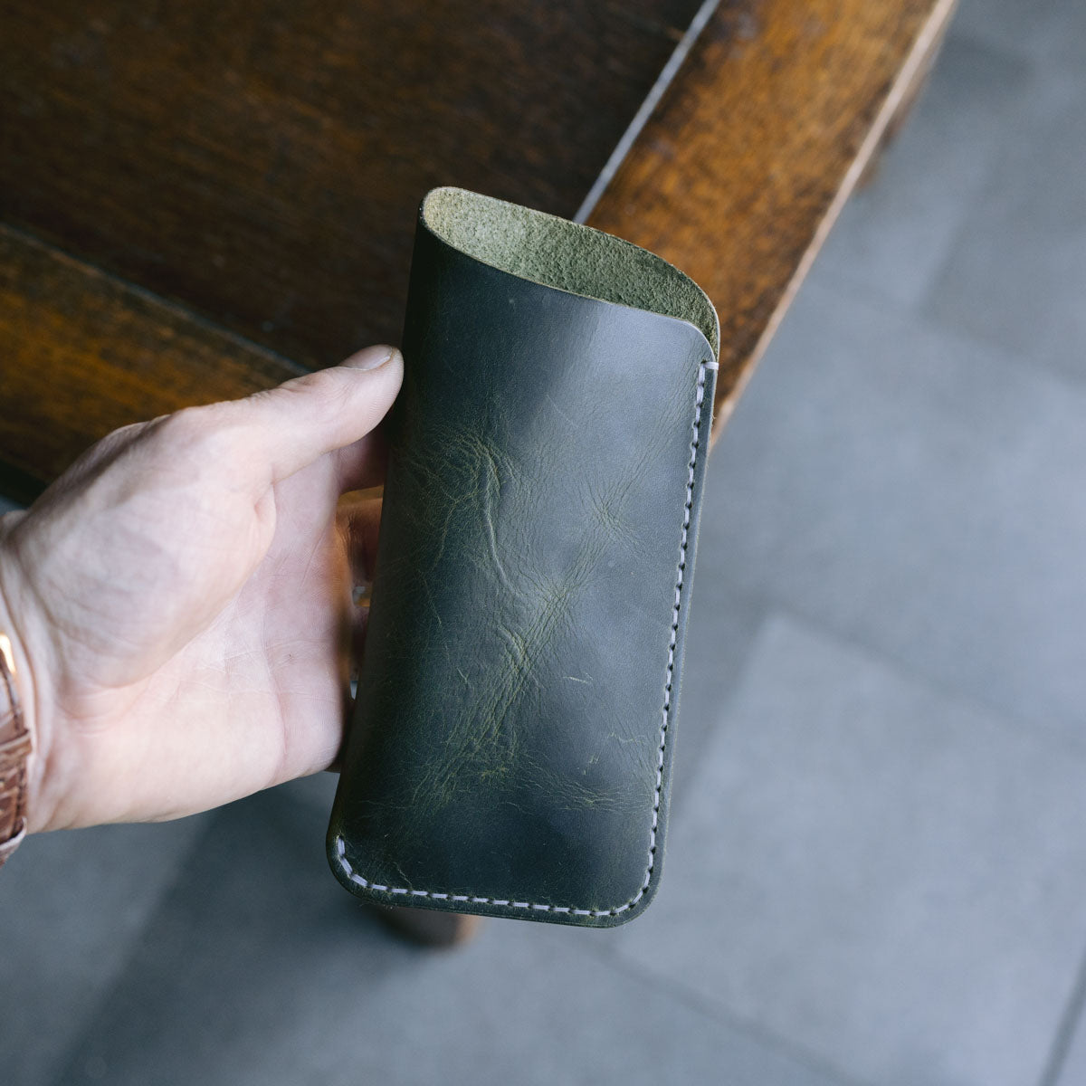Olive green Badalassi Carlo Wax leather glasses slip case, front view