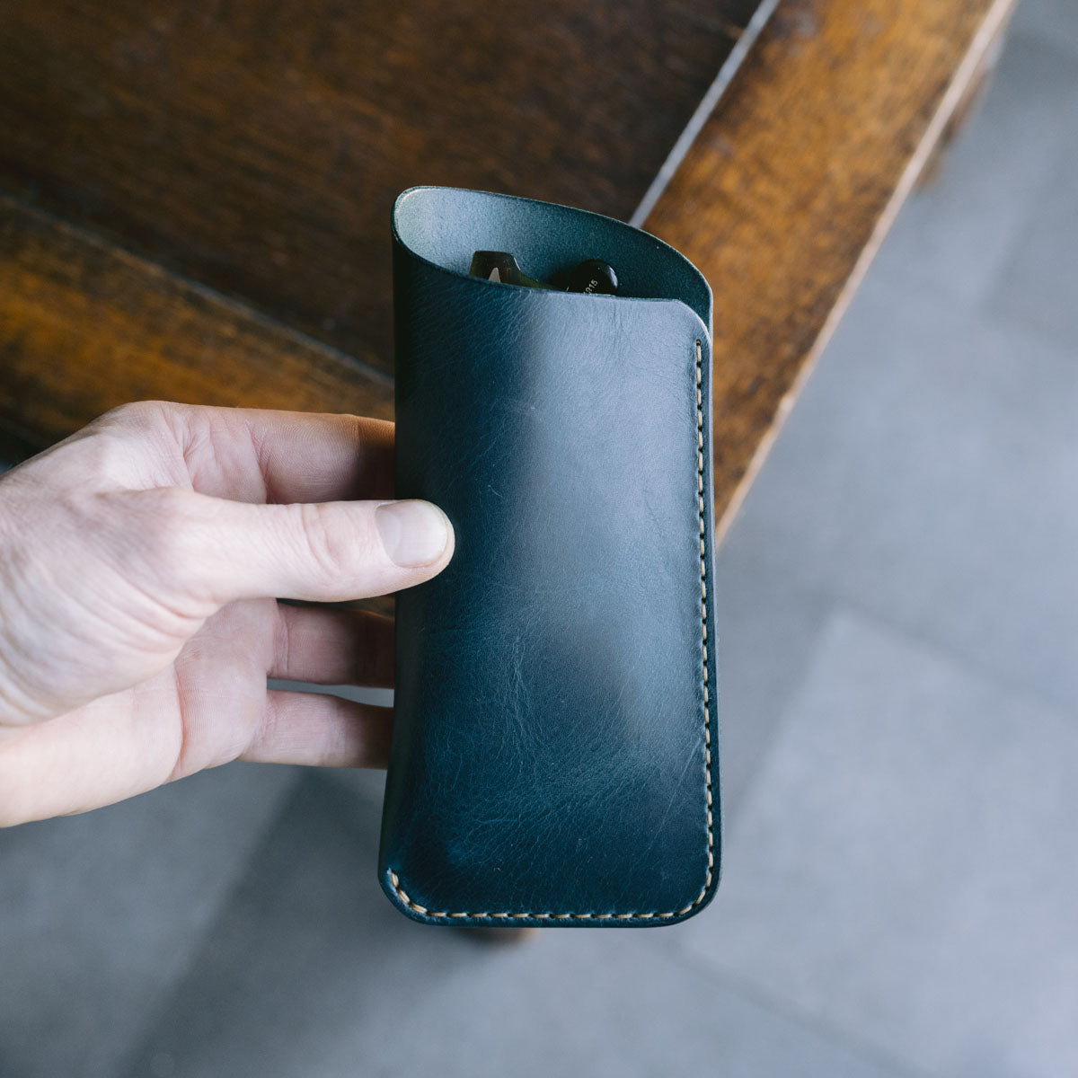 Ortensia blue leather glasses slip case with glasses inside