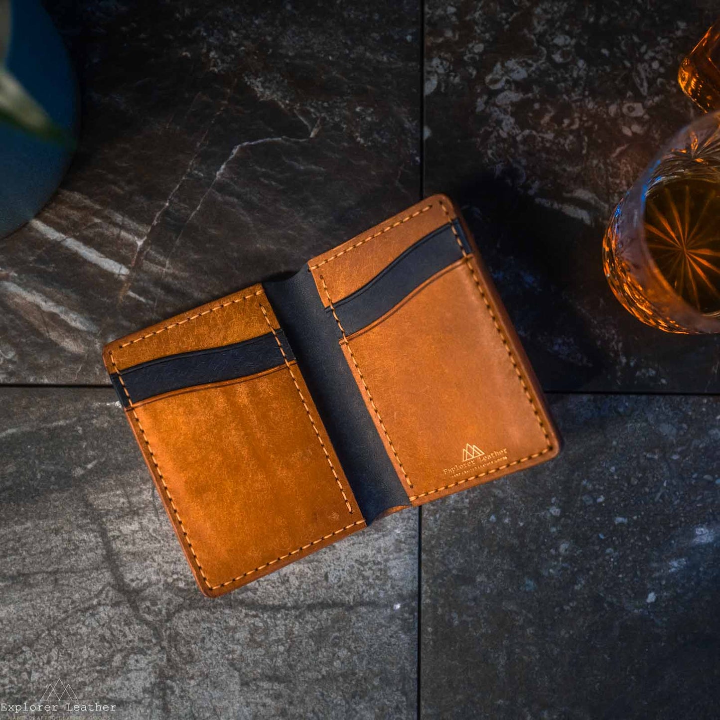 Vertical Bi-Fold Wallet - Cognac Tan & Navy Blue - Italian Leather