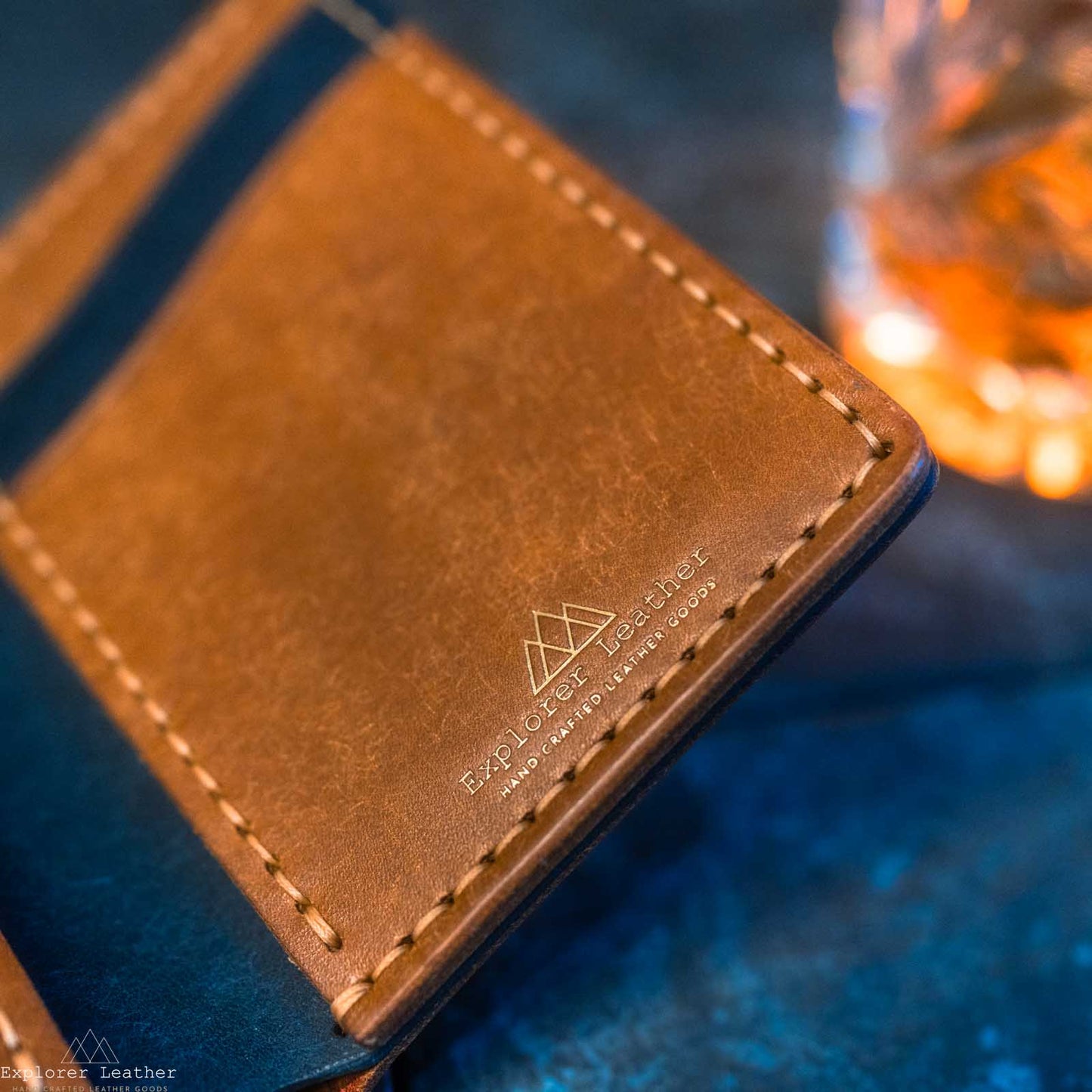 Vertical Bi-Fold Wallet - Cognac Tan & Navy Blue - Italian Leather