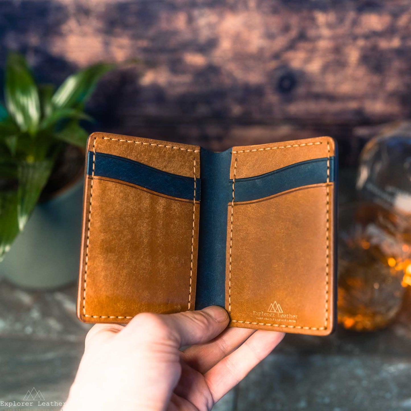 Vertical Bi-Fold Wallet - Cognac Tan & Navy Blue - Italian Leather