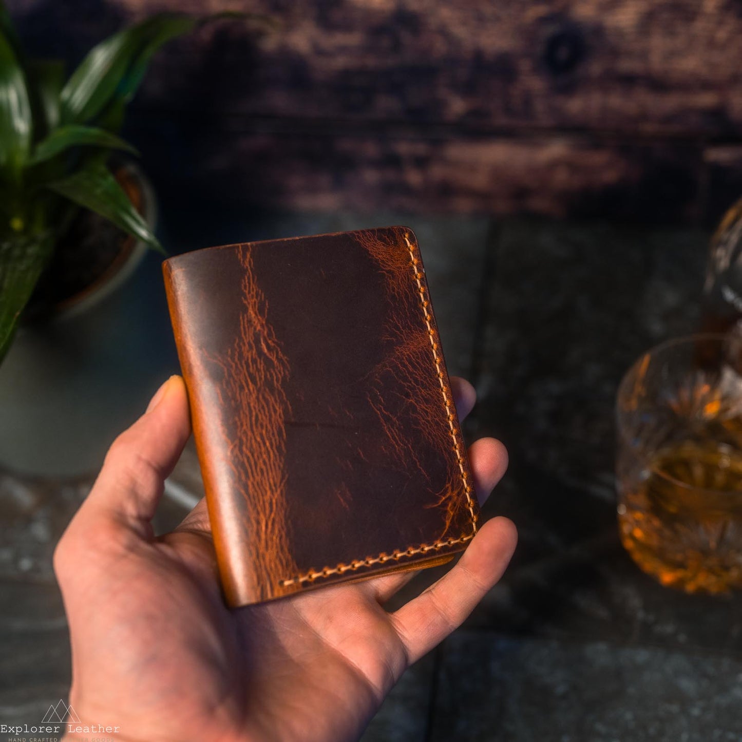 Vertical Bi-Fold Wallet - Cognac Tan & Navy Blue - Italian Leather