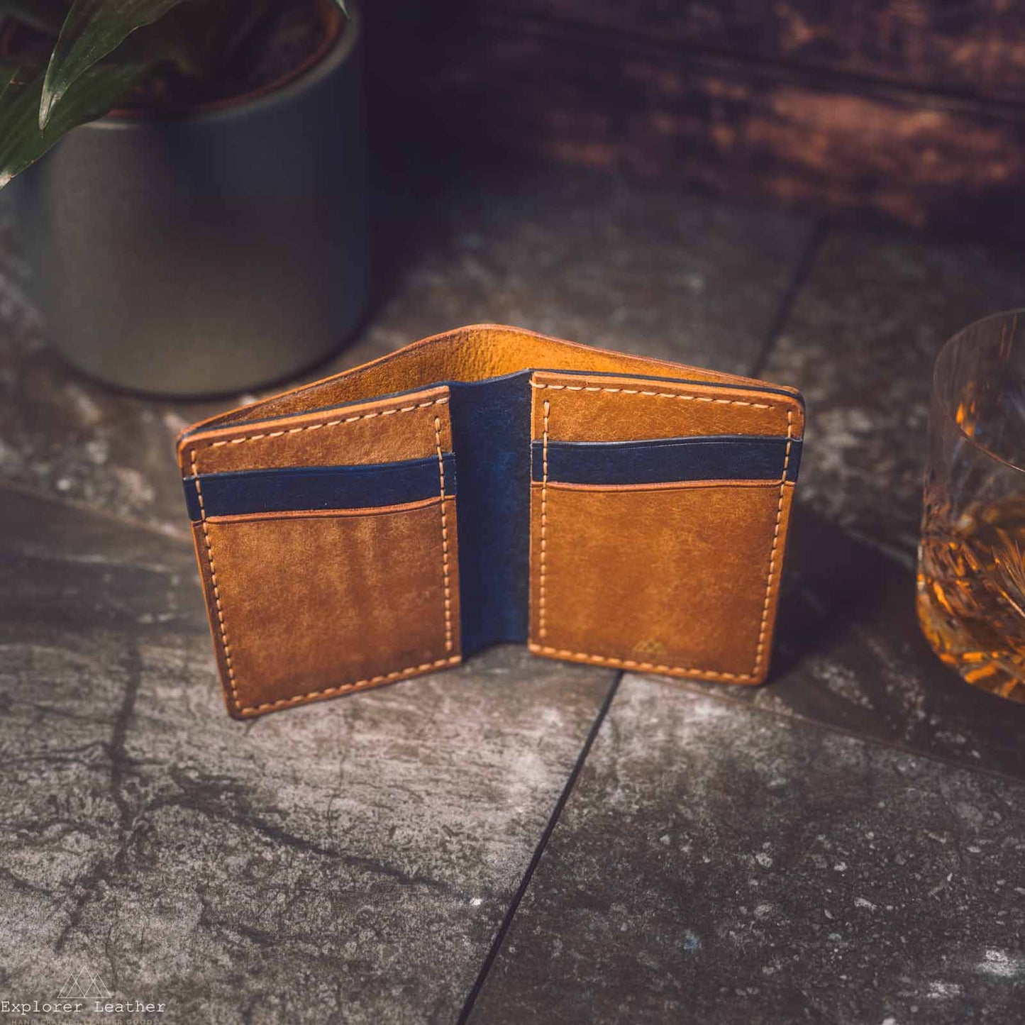 Vertical Bi-Fold Wallet - Cognac Tan & Navy Blue - Italian Leather