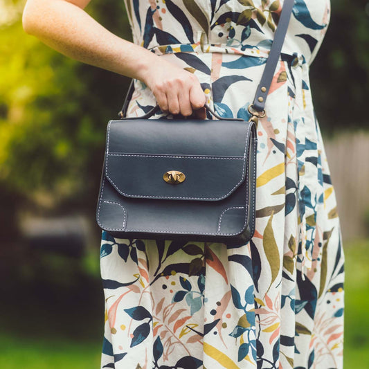 Crossbody Satchel style Bag - In Navy Blue Leather