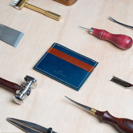 Five Pocket Card Holder - Navy Blue and Tan with Caramel Stitching - Walpier Buttero Leather