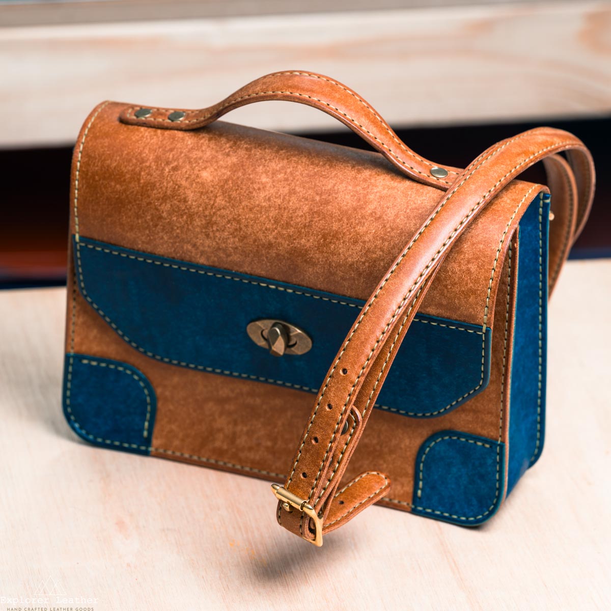 Custom Order for Barnabas - Leather Crossbody Bag. Cognac and Blue Badalassi Pueblo Leather with green stitching. - PAID