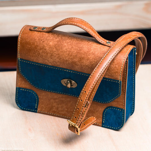 Custom Order for Barnabas - Leather Crossbody Bag. Cognac and Blue Badalassi Pueblo Leather with green stitching. - PAID
