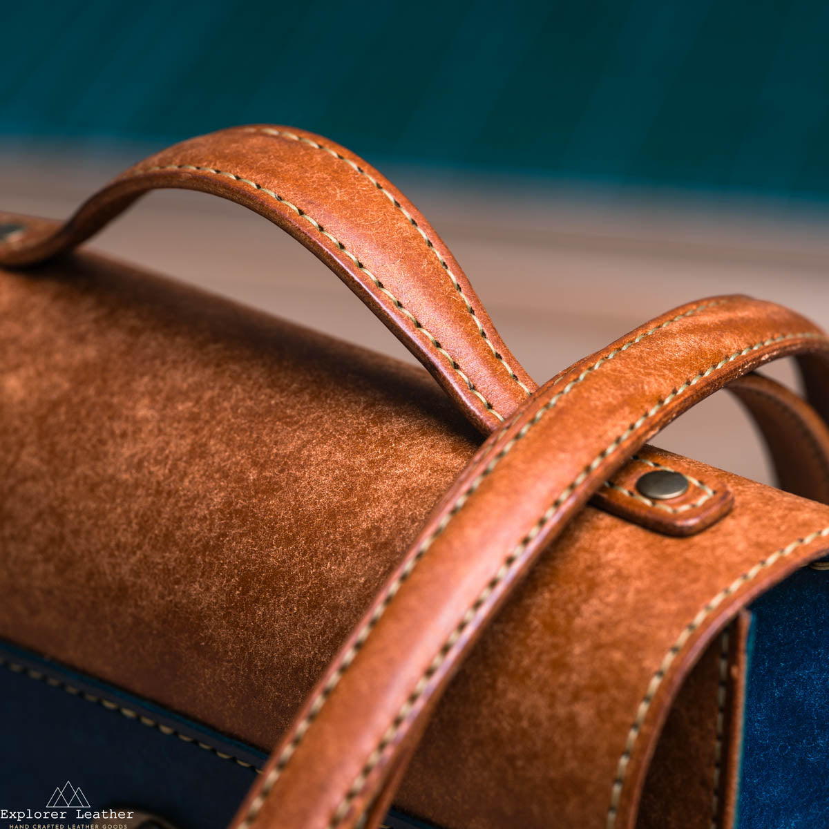 Custom Order for Barnabas - Leather Crossbody Bag. Cognac and Blue Badalassi Pueblo Leather with green stitching. - PAID