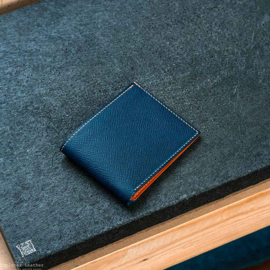 Classic Bi-Fold Wallet V2- Italian Full Grain Leather - Navy Blue and Orange Hatch