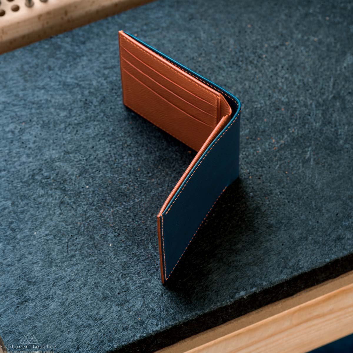 Classic Bi-Fold Wallet V2- Italian Full Grain Leather - Navy Blue and Orange Hatch