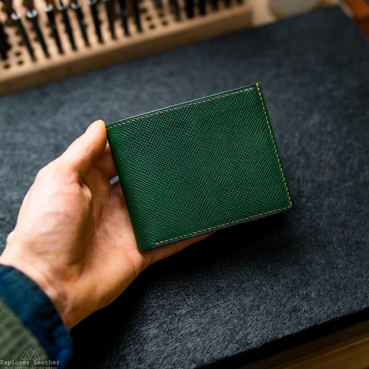 Classic Bi-Fold Wallet V2- Italian Full Grain Leather - Green and Brown Hatch