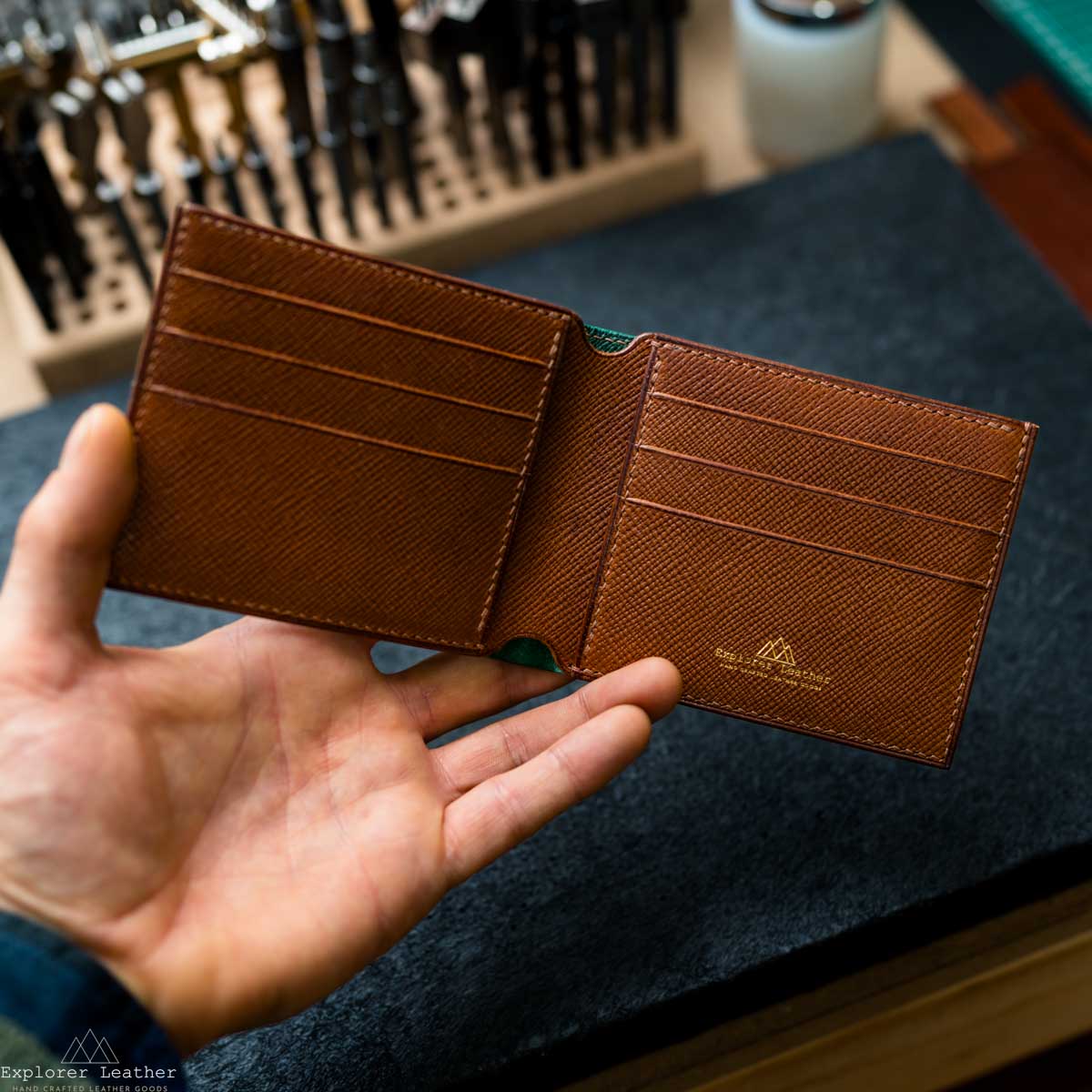 Classic Bi-Fold Wallet V2- Italian Full Grain Leather - Green and Brown Hatch