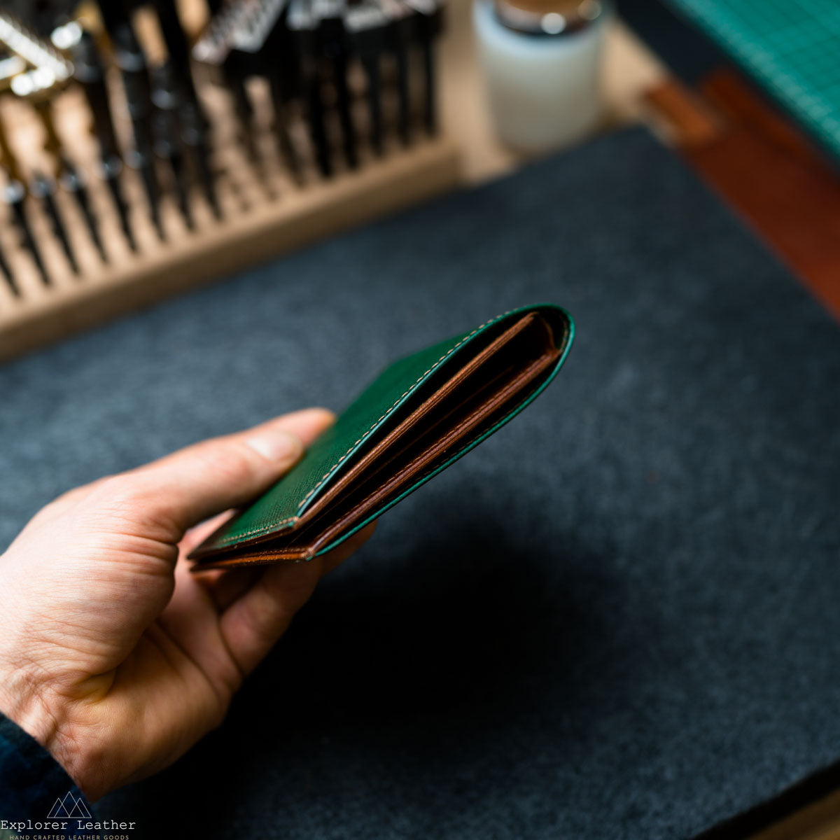 Classic Bi-Fold Wallet V2- Italian Full Grain Leather - Green and Brown Hatch