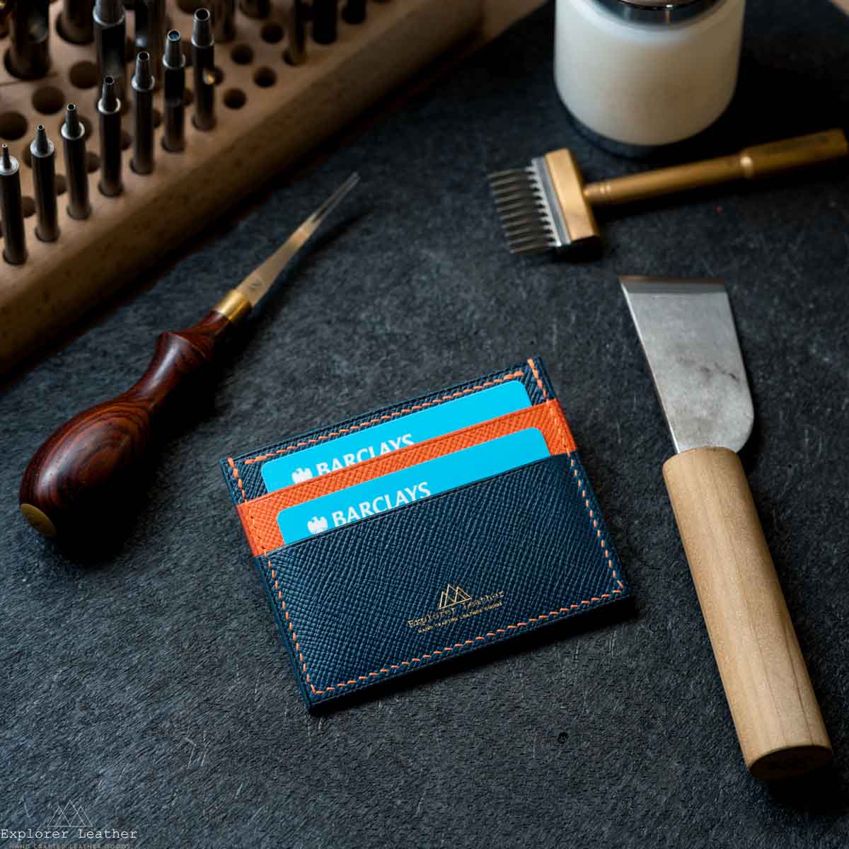 Five Pocket Card Holder - Navy Blue and Orange with Orange Stitching - Walpier Buttero Hatch Leather