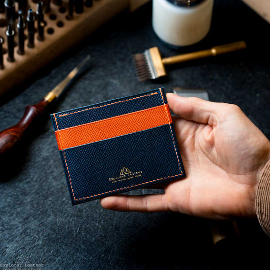 Five Pocket Card Holder - Navy Blue and Orange with Orange Stitching - Walpier Buttero Hatch Leather