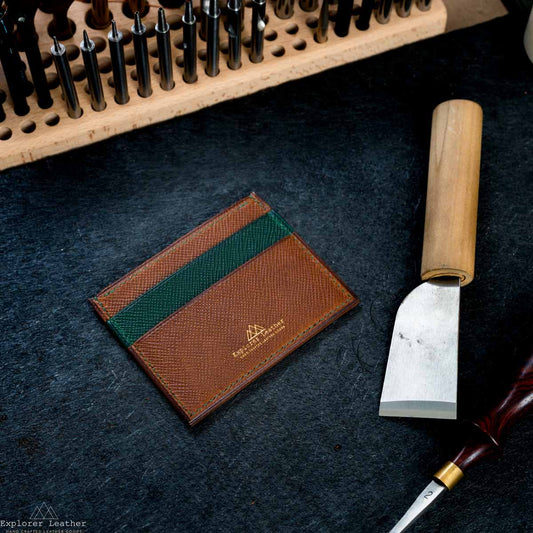 Five Pocket Card Holder - Brown and Green with Green Stitching - Walpier Buttero Hatch Leather