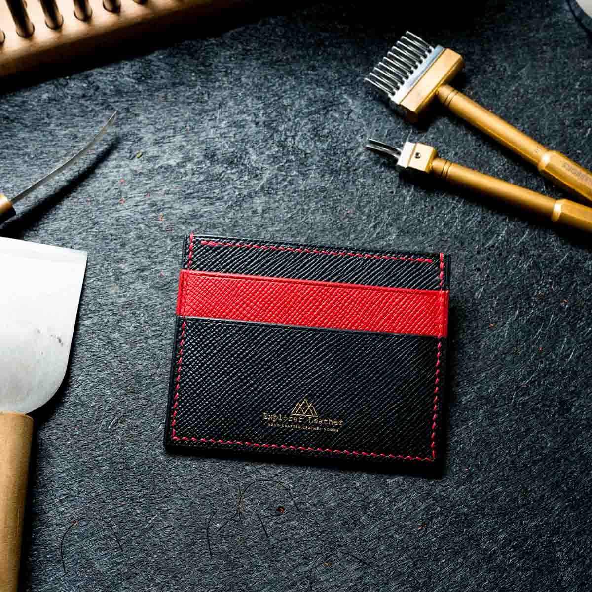 Five Pocket Card Holder - Black and Red with Red Stitching - Walpier Buttero Hatch Leather
