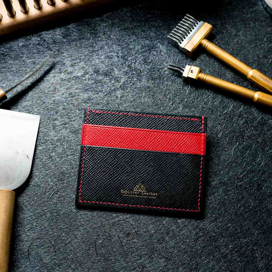 Five Pocket Card Holder - Black and Red with Red Stitching - Walpier Buttero Hatch Leather