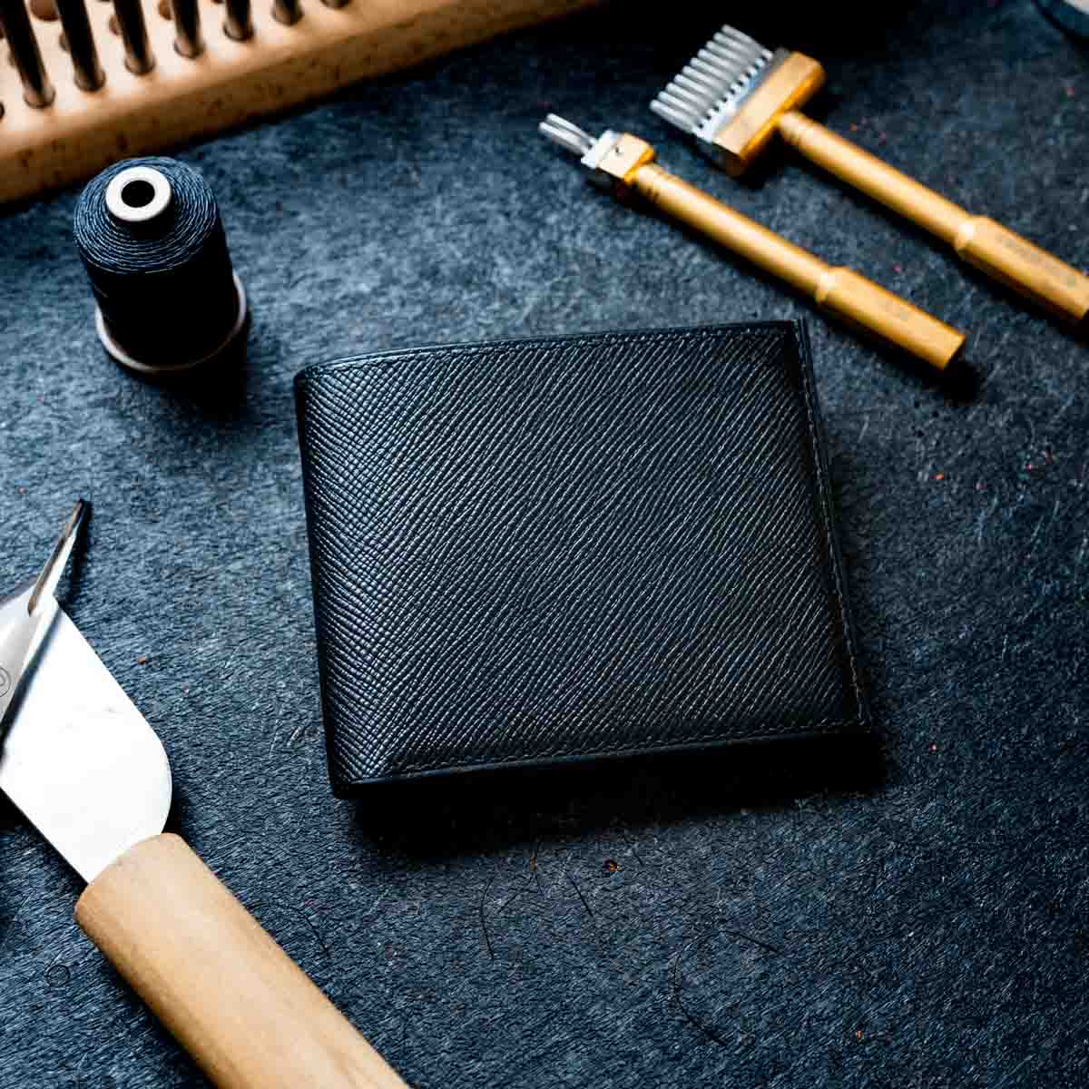 Classic Bi-Fold Wallet - Signature Collection - Italian Full Grain Leather - Black Hatch with black stitching