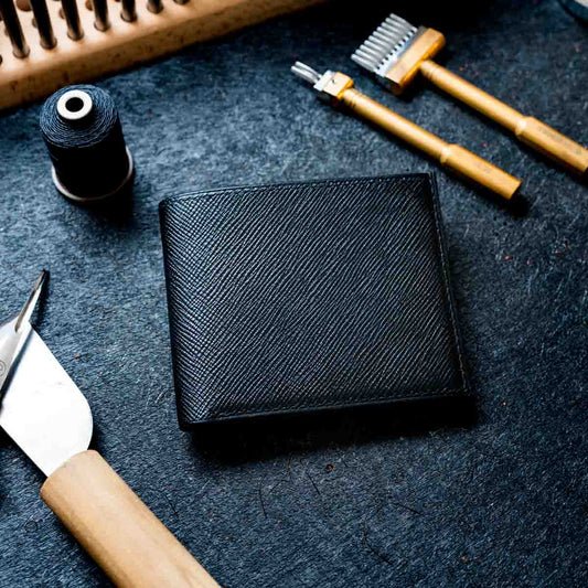 Classic Bi-Fold Wallet - Signature Collection - Italian Full Grain Leather - Black Hatch with black stitching