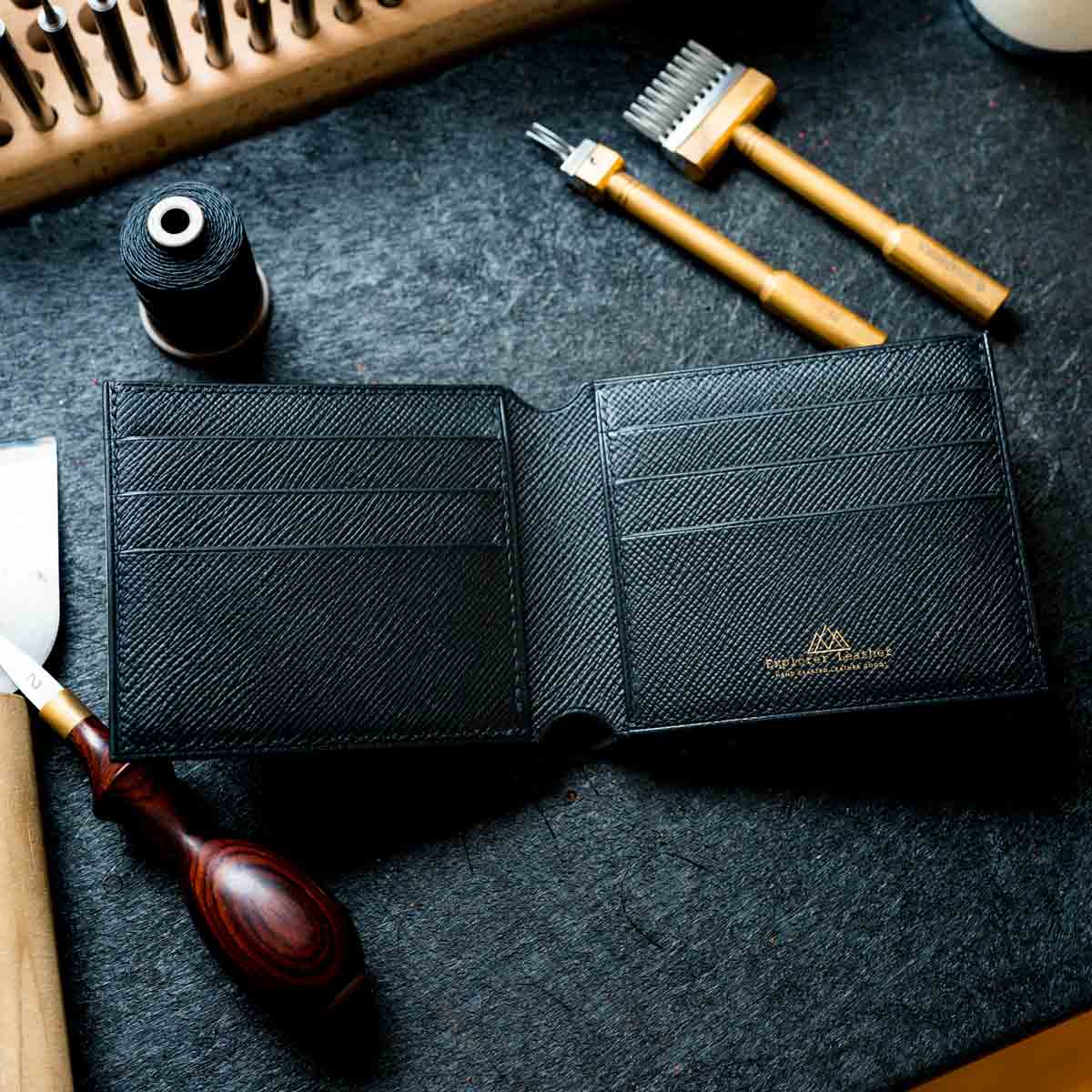 Classic Bi-Fold Wallet - Signature Collection - Italian Full Grain Leather - Black Hatch with black stitching