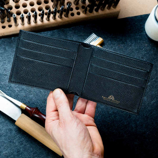 Classic Bi-Fold Wallet - Signature Collection - Italian Full Grain Leather - Black Hatch with black stitching