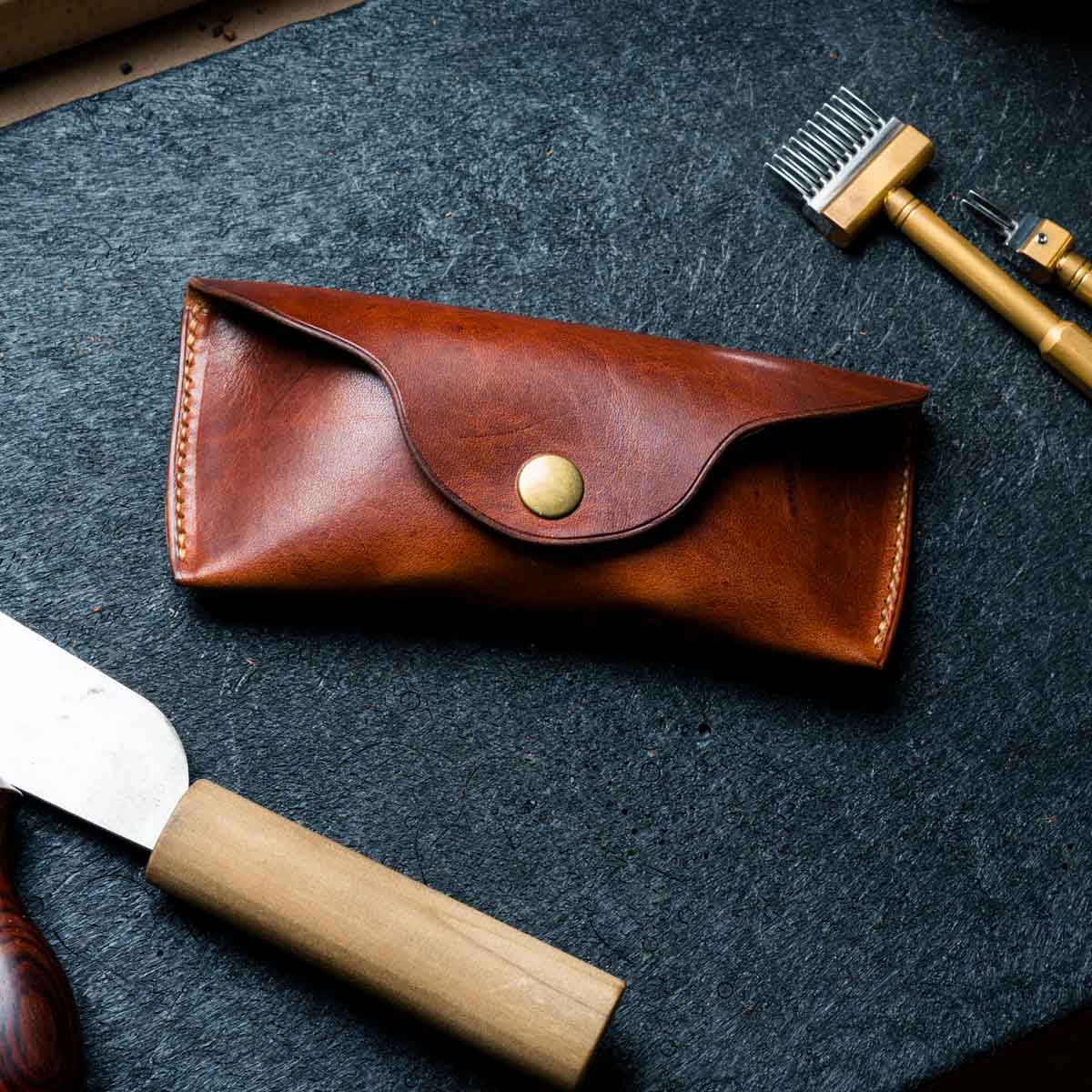 Brown leather glasses and sunglasses case handmade by Explorer Leather