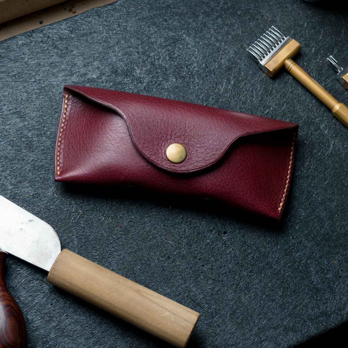 Burgundy leather glasses and sunglasses case handmade by Explorer Leather